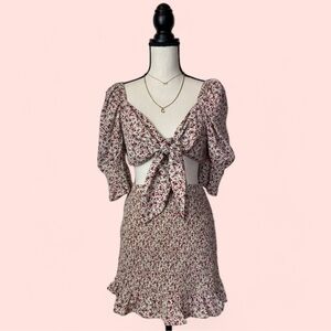 Blush Floral Ruffled Tie Front 2 Piece Skirt and Quarter Sleeve Blouse Set